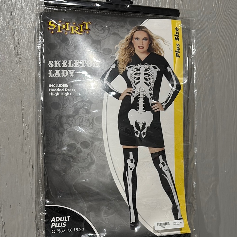 Skeleton Lady Costume with Hooded Dress and Thigh Highs
